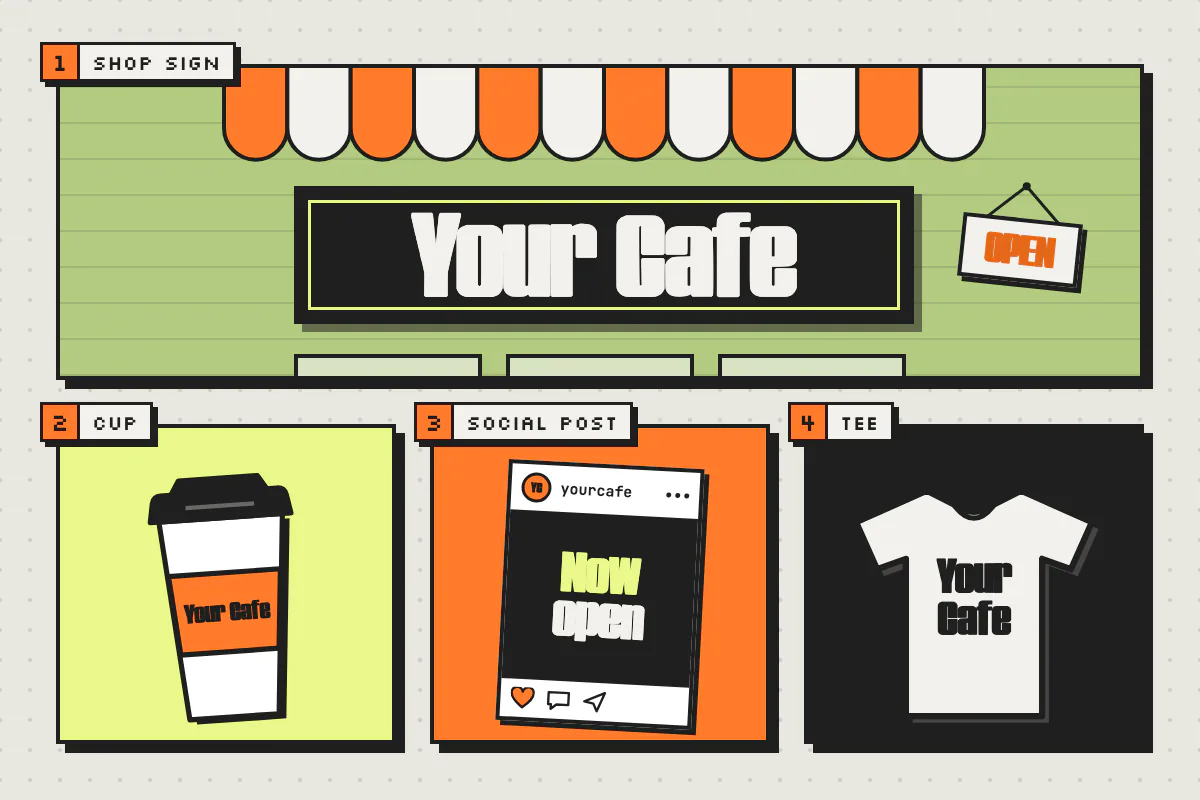 One bold block-letter font spelling “Your Cafe” across four touchpoints for a fictional café: a shop sign under a striped awning, a coffee cup label, a social media post and a t-shirt