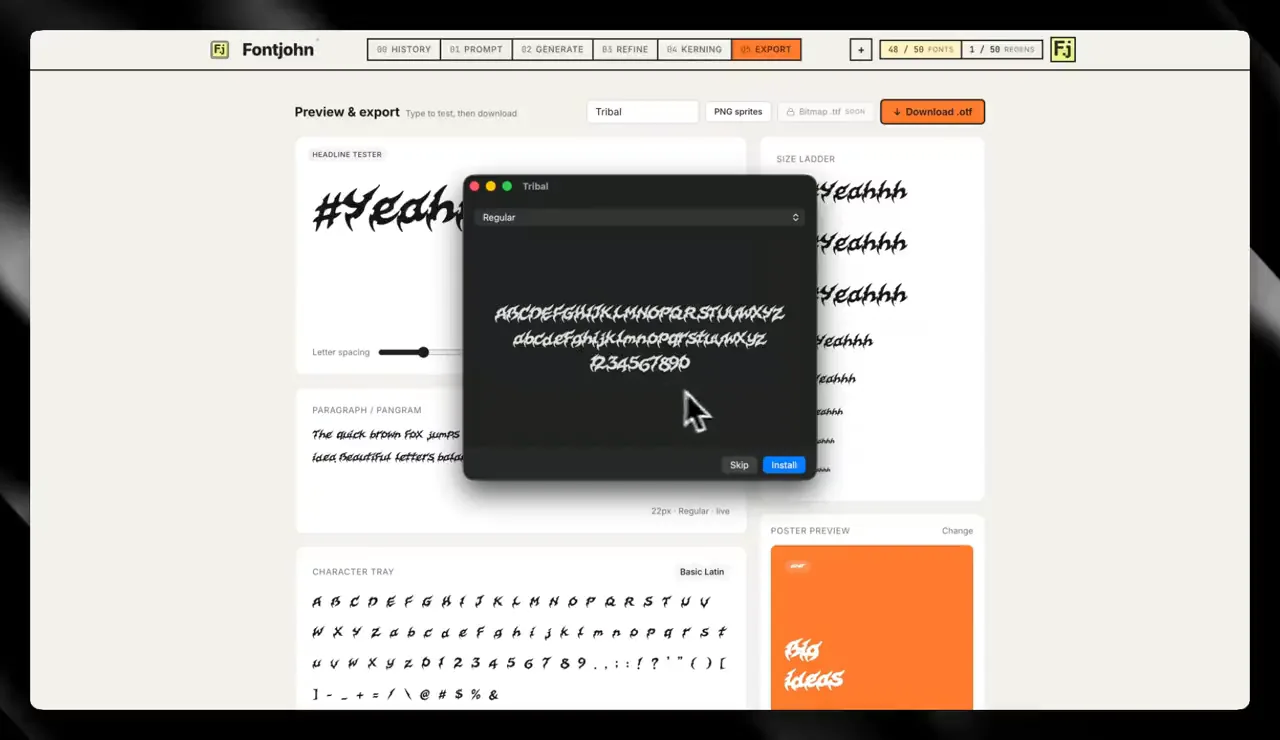 A font exported from Fontjohn open in the macOS font install dialog, previewing its uppercase letters, lowercase letters and numbers above an Install button